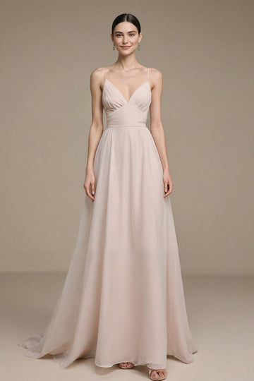 Simple Rose Clair Longue Robe De Bal Bretelles Spaghetti Une Robe Formelle Trapèze